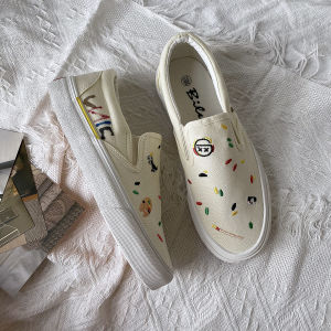 Fall 2024 Womens Thick Bottom Graffiti Slip-On Canvas Shoes Casual Low Top round Toe Rubber Sole Pure Color Student Design