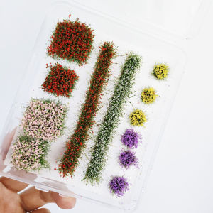 1Box Mixed Shape Static Grass Tuft Flower Cluster Model Kits Miniature Shrubs Bushes for Train Building Landscape