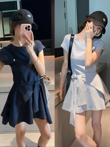Summer 2025 Womens round Neck T-Shirt Dress Embroidered Elastic Waist Two-Way Wear Belted A-Line Skirt Casual Cotton Blend