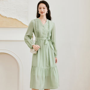Yigue | Silk-like V-neck High Class White Bubble Sleeve Dress