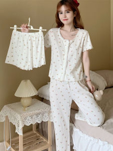 Summer Cotton Floral Print Sleepwear Set Short Sleeve Three-Piece Suite Womens Home Clothes Set Casual Sweet Style Long Pants