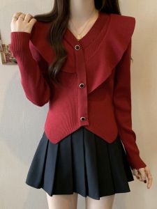 Slimming Design Long Sleeve Knitted Top Women Early Autumn plus Size Beautiful Red Clothes Korean Style V Neck Button Detail