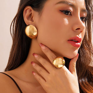 Ingemark | Ingemark 2Pcs Unique Smooth Round Big Ball Metal Stud Earrings Women Classic Vintage Rings Pierced Earring Steampunk Jewelry Set
