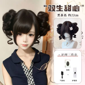 Mochi Fun Cute Female Style Double Bun Hair Wig Fluffy Hairband Flower Bud Full Head Cover Cartoon Bangs Casual Parting