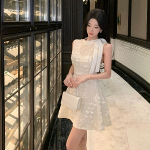 Summer Luxury Texture Waist-Cinching Sleeveless Dress Elegant High Waist A-Line Gown Floor-Length Midi Dress for Women