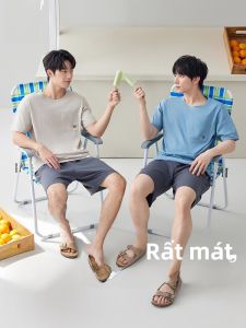 HLA | Breathable Pro7 Home Clothes Set For Men Pure Cotton Summer Anti-Bacterial Short Sleeve Shorts Home Leisure Sleepwear Set