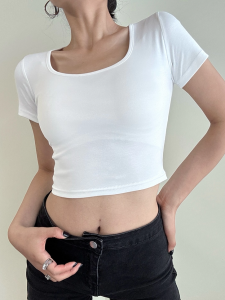 Áo Thun Nữ Dáng Ôm Mùa Hè Mới Áo Ngắn Cổ Chữ U Tay Ngắn Chất Liệu Cotton Phong Cách Ngọt Ngào Mặc Trong