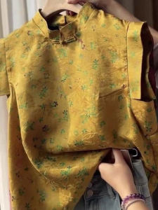 New Chinese Style Floral Shirt Womens Short Sleeve Summer Unique Fleece Sleeve Anti-Aging Top Beautiful Small Trendy Shirt