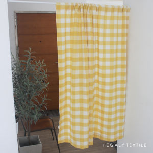 Double-Sided Vintage Cute Room Divider Curtain Yellow Grid Pole-Thru Style Half Curtain Transparent Not Private Fabric Door Curtain