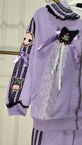 Setelan Anak Perempuan Model Kuromi Jaket Zipper Kerah Renda Pita Panjang Tebal