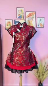 Set tiểu thư thiết kế sang trọng đồ nữ du xuân mặc Tết set xinh xắn áo Gấm hoa đính phụ kiện nút tàu 2 lớp kèm váy Voan tầng có lót