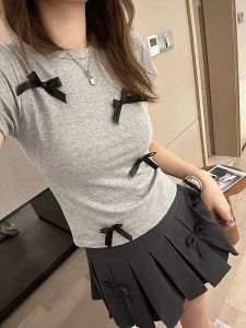 Áo Thun Cotton Cổ Tròn Tay Ngắn Màu Xám Có Nơ Bướm Mùa Hè Thiết Kế Đa Năng Ôm Vừa Vặn Cho Nữ