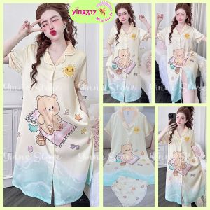 (2 size) °Lụa Latin N° Váy ngủ sơ mi kèm quần Đầm mặc nhà dáng rộng Thiết Kế in họa tiết hoa lá hoạt hình dễ thương