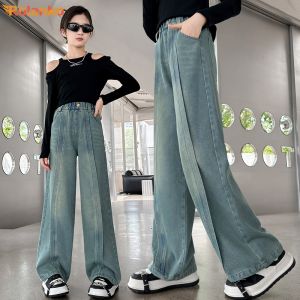 Rolanko quần ống rộng denim cho bé gái quần thắt lưng co giãn Ép Viền quần bò rộng thời trang cho trẻ em quần mặc thường ngày