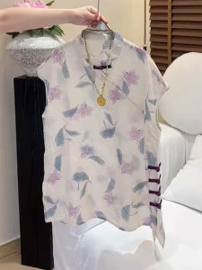 QINGNAER | Plus Size Female Shirt Floral Contrast Side Button Short Sleeve