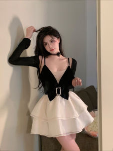 เรียบหรู บล็อคสี French Lady Style ฤดูร้อน เดรส สําหรับ พลัสไซส์ ผู้หญิงที่มี รัฟเฟิล กระโปรงสั้น คอ V สูง เอว แขนยาว