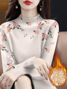 Warm Velvet Printed T-Shirt Womens Autumn Winter Loose Fit Overhead Half High Collar Base Shirt Casual Style Floral Geometry Patterns