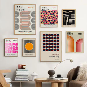 MID Century Bauhaus โปสเตอร์ Geometric Wall Art ผ้าใบพิมพ์ห้องนั่งเล่นห้องนอนสีสันสดใสงานศิลปะสําหรับตกแต่งบ้าน