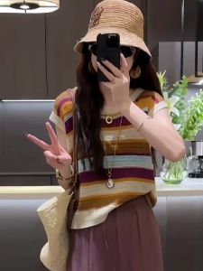 Summer Loose Ice Silk Short Sleeve Knitted T-Shirt Womens New Style 2025 Color Block Striped Top Korean Style Commute Fashion