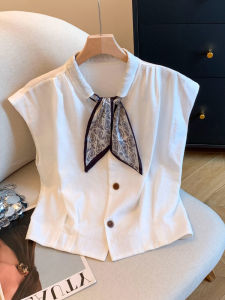 LJYR | French Elegant V-Neck Scarf Sleeveless Shirt Stylish Loose Slimming Summer Womens Casual Blouse
