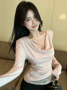 GUZILIAN | Slimming Pure Desire Hollow Out Lace Patchwork Long Sleeve Womens T-Shirt Base Shirt Inner Wear Top V-neck Knitted Summer
