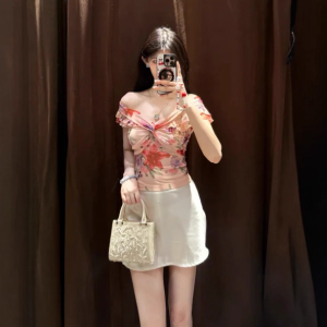 CHANGTONG | Unique Beautiful Floral Slim Fit T-Shirt Womens Summer Fashion Top Shoulder Baring Print Short Sleeve Casual Commute Date Wear