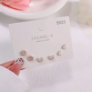 S925 silver needle cherry blossom bow pearl earrings 3 pair in set sweet Ins flower earrings s925纯银针樱花蝴蝶结ins风花朵耳饰珍珠耳钉三件套