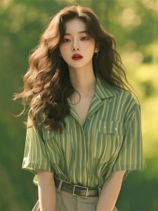 Mint Wave French Style Ultra Fairy Atmosphere Top Green Advanced Stripes Simple Short Sleeve Shirt Women Summer Fashion