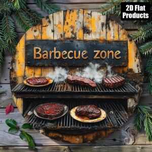 Vintage BBQ Zone Sign Metal Tin Wall Art 2D Flat Rustic Grill Decor Plate 20x20cm