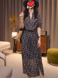 Fancy Elegant V Neck Tencel Dress Womens Summer 2024 New Arrival Loose Slim Looking Gentle Floral Skirt