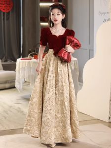 Red Wine Color Wedding Dress Elegant mid Waist a Line Skirt Short Sleeve Zipper Back Style for Marriage Engagement Party