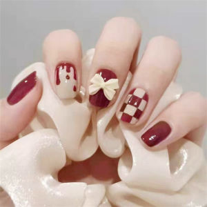 24PCS Acrylic Short Jujube Sweetheart Fake Nails Glossy Checkerboard Bow Press on Nails Removable Reusable Wearing false Nail