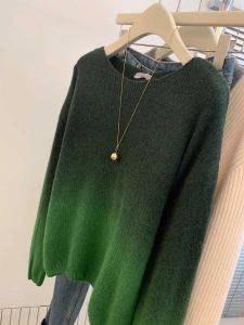 Gradient Vintage Green Pullover Loose Sweater Outwear Idle Style Fancy Womens Autumn and Winter Thin Knitting Tops