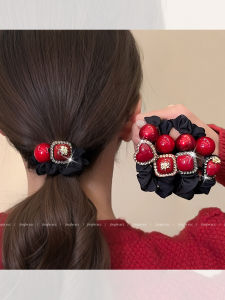 ริบบิ้นผมประดับปEARLสีแดงสำหรับผู้หญิง ริบบิ้นผมทรงกลม ริบบิ้นผมหนา ริบบิ้นผมหางม้า ริบบิ้นผมฤดูใบไม้ร่วง/ฤดูหนาว