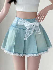 High Waist A-Line Mini Skirt with Lace Belt Pleated Denim Womens Summer School Style Slimming Anti-Light Short Skirt