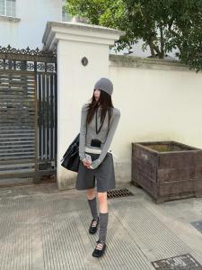 Quần Short Vest Màu Xám Đậm Phong Cách Hàn Quốc Cổ Điển Cạp Cao Quần Ống Rộng Rộng Rãi Quần Dài Thường Ngày Cho Nữ Mùa Thu