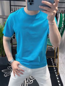Pure Color Silk Cotton Mens T-shirt round Neck Short Sleeve Fashionable High End European Style Simple Half Sleeve Breathable Summer Top