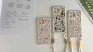 Floral Phone Case with Lanyard for iPhone 17 16 Pro Max 15 14 13 Silicone Cover Crossbody Strap Painted Flower Pattern Girls TPU