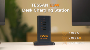 TESSAN SG - GaN Fast Charging Station 65W USB C Desktop Charger Power Strip Extension Tower Socket