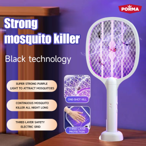 PORMA 2-in-1 Electric Mosquito Killer Racket Mosquito Fly Killer Swatter Rechargeable 8 Mosquito Trap Lamp Beads with 3 Layer Safety Mesh USB Charging