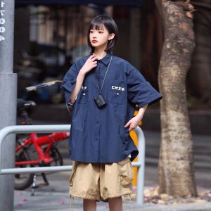 Summer Japanese Retro Dark Blue Short Sleeve Shirt Female Cityboy Trendy Loose Half Sleeve Work Clothes Shirt Thin
