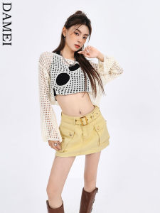 American Style High Waist Yellow Denim Workwear Mini Skirt Womens New All-Match Slimming Short Skirt Small Size
