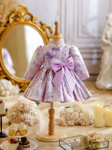 Princess Style Long Sleeve Birthday Dress for Baby Girls 100 Days Celebration Traditional Chinese Costume Elegant Butterfly Knot