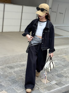 MPW | Girls Spring Autumn Denim Two-Piece Set Korean Style Childrens Fashion Junior High School Girls Outfit With Scarf Gift Set