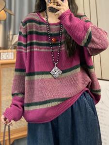 Loose Casual Stripe Long Sleeve Knitted Sweater round Neck plus Size Top for Autumn Winter Comfortable Versatile Womens Fashion