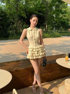 Elegant Salt Series No-Sleeve Polo Collar Cake Skirt Womens Summer High-End Short Skirt A-Line Midi Dress Ins Style