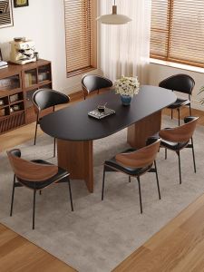 Elegant Round Baohaus Stone Table White Ash Wood Mid-Century Style Black Retro Small Apartment Table