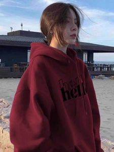 Oversized Hoodie Sweatshirt Thickened Fleece Mens Style Wine Red Lazy Japanese Style Autumn Winter Outerwear for Couples