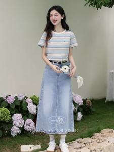 Chân Váy Denim A-Line Cao Waist Slimming Màu Xanh Retro
