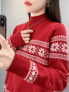 Red Thickened Winter Sweater Womens Loose Half-High Collar Long Sleeve Warm Knitwear Casual Comfortable Inner Shirt Top